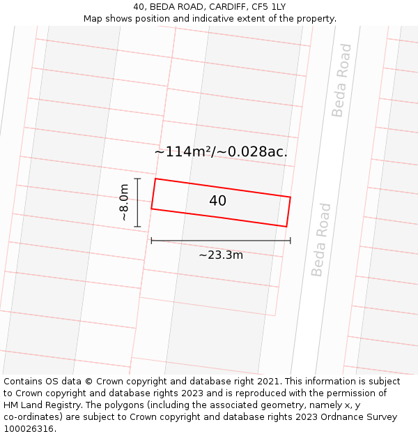 40, BEDA ROAD, CARDIFF, CF5 1LY: Plot and title map