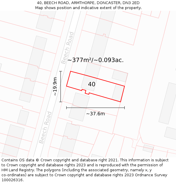 40, BEECH ROAD, ARMTHORPE, DONCASTER, DN3 2ED: Plot and title map