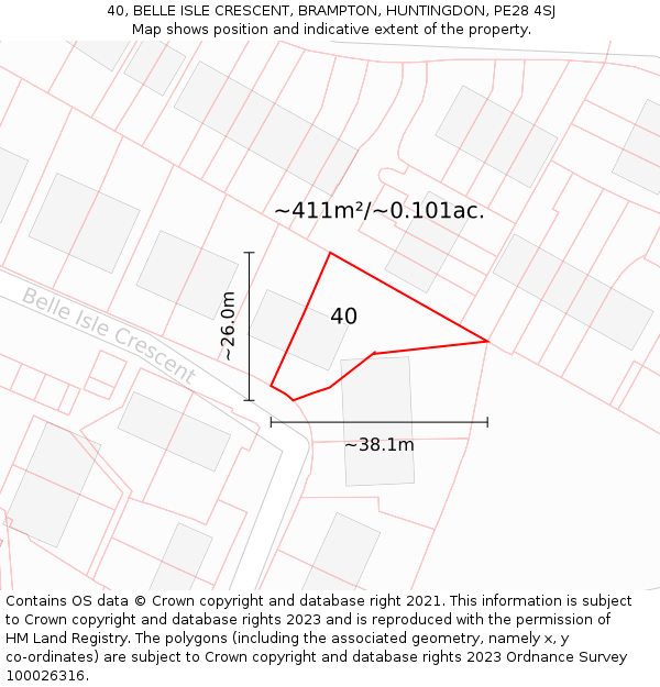 40, BELLE ISLE CRESCENT, BRAMPTON, HUNTINGDON, PE28 4SJ: Plot and title map