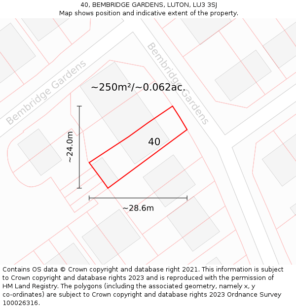 40, BEMBRIDGE GARDENS, LUTON, LU3 3SJ: Plot and title map