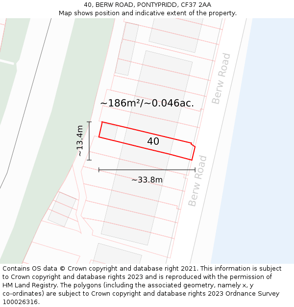 40, BERW ROAD, PONTYPRIDD, CF37 2AA: Plot and title map