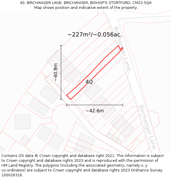 40, BIRCHANGER LANE, BIRCHANGER, BISHOP'S STORTFORD, CM23 5QA: Plot and title map