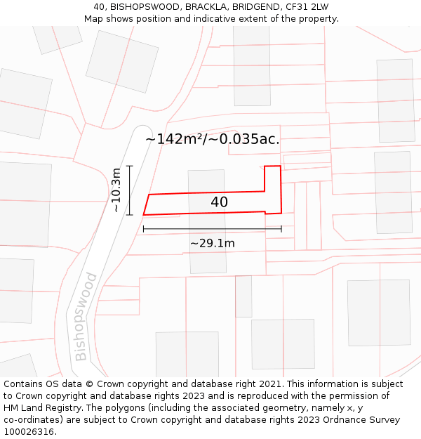 40, BISHOPSWOOD, BRACKLA, BRIDGEND, CF31 2LW: Plot and title map