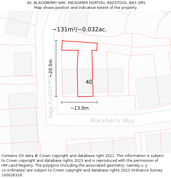 40, BLACKBERRY WAY, MIDSOMER NORTON, RADSTOCK, BA3 2RN: Plot and title map