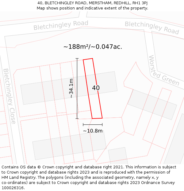 40, BLETCHINGLEY ROAD, MERSTHAM, REDHILL, RH1 3PJ: Plot and title map