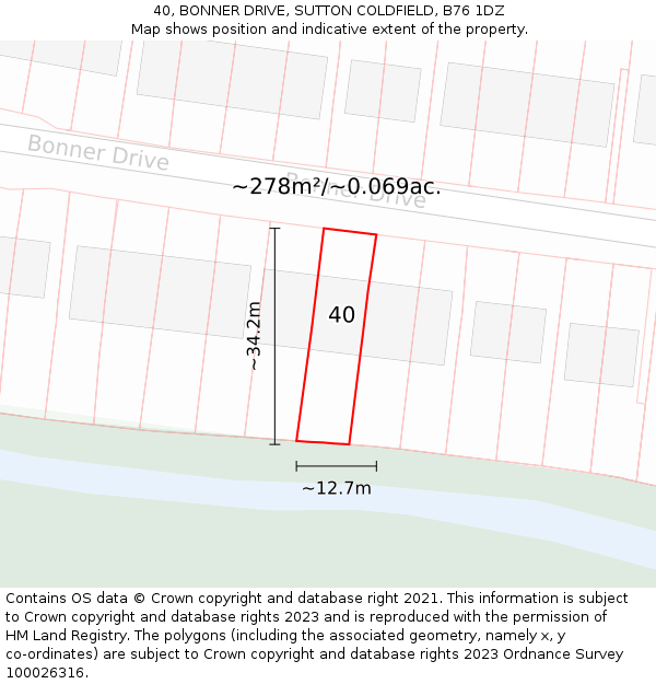40, BONNER DRIVE, SUTTON COLDFIELD, B76 1DZ: Plot and title map