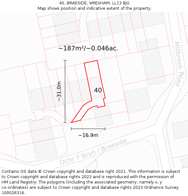 40, BRAESIDE, WREXHAM, LL13 8JG: Plot and title map