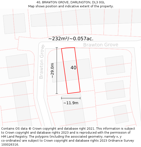 40, BRAWTON GROVE, DARLINGTON, DL3 0GL: Plot and title map