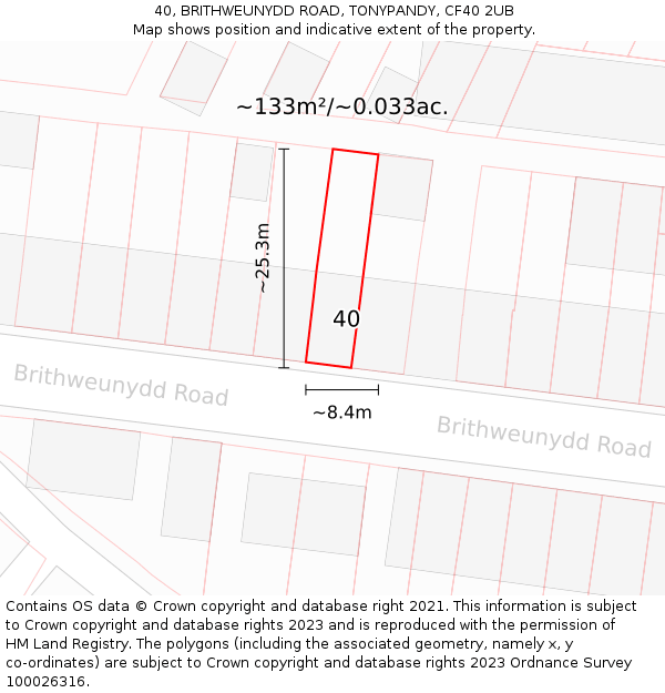 40, BRITHWEUNYDD ROAD, TONYPANDY, CF40 2UB: Plot and title map