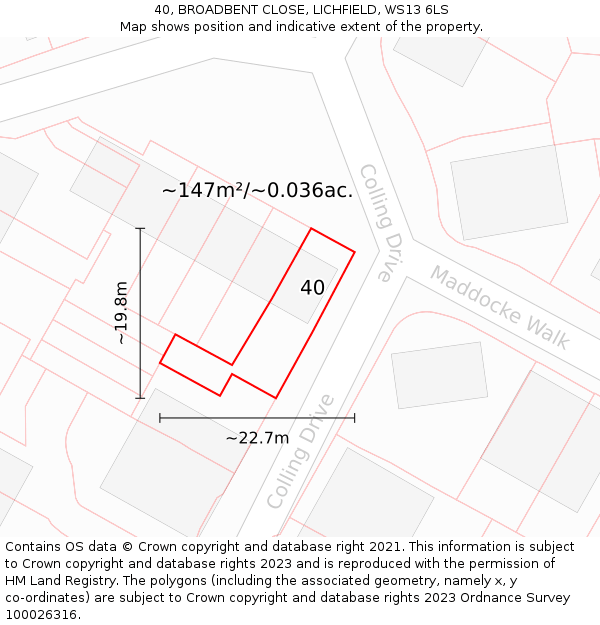 40, BROADBENT CLOSE, LICHFIELD, WS13 6LS: Plot and title map