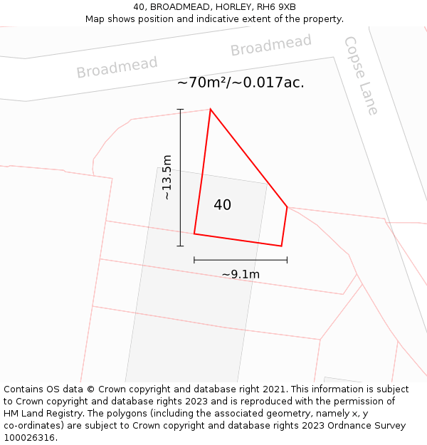 40, BROADMEAD, HORLEY, RH6 9XB: Plot and title map