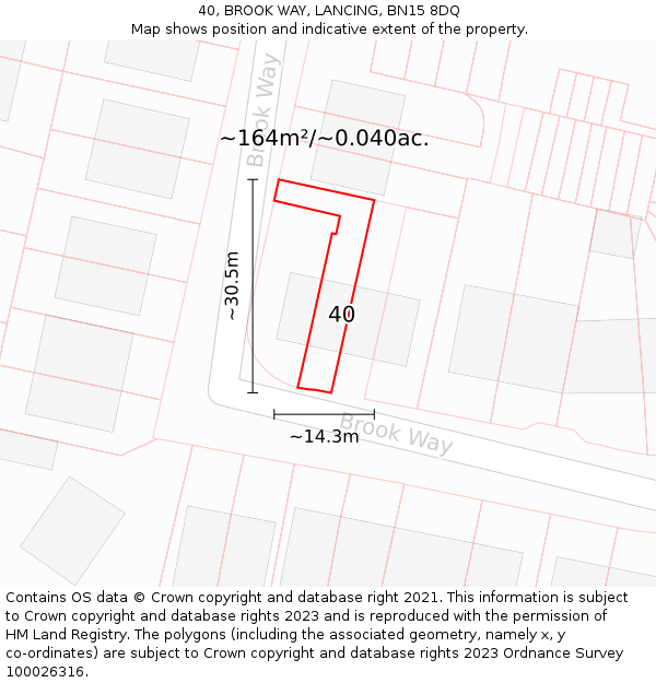 40, BROOK WAY, LANCING, BN15 8DQ: Plot and title map