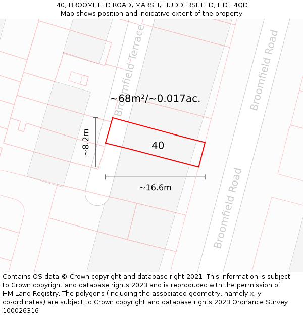 40, BROOMFIELD ROAD, MARSH, HUDDERSFIELD, HD1 4QD: Plot and title map