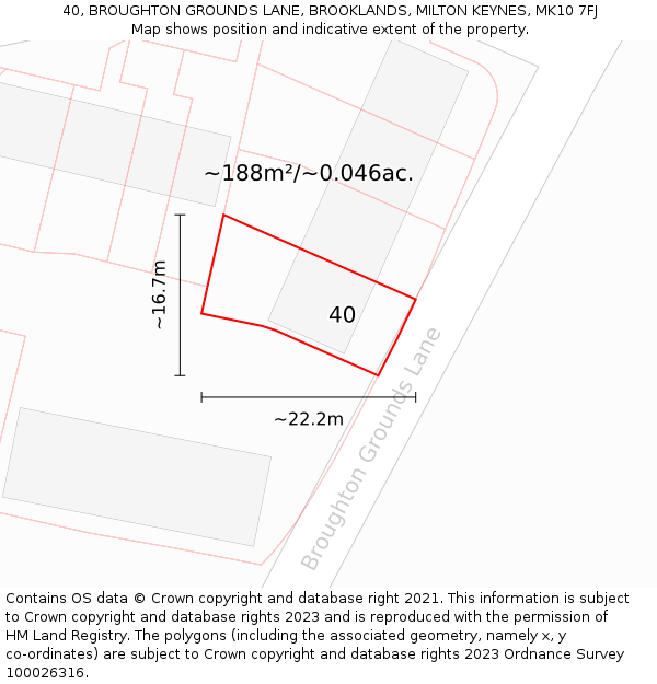 40, BROUGHTON GROUNDS LANE, BROOKLANDS, MILTON KEYNES, MK10 7FJ: Plot and title map