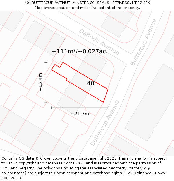 40, BUTTERCUP AVENUE, MINSTER ON SEA, SHEERNESS, ME12 3FX: Plot and title map
