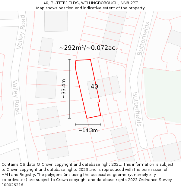 40, BUTTERFIELDS, WELLINGBOROUGH, NN8 2PZ: Plot and title map