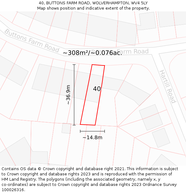 40, BUTTONS FARM ROAD, WOLVERHAMPTON, WV4 5LY: Plot and title map