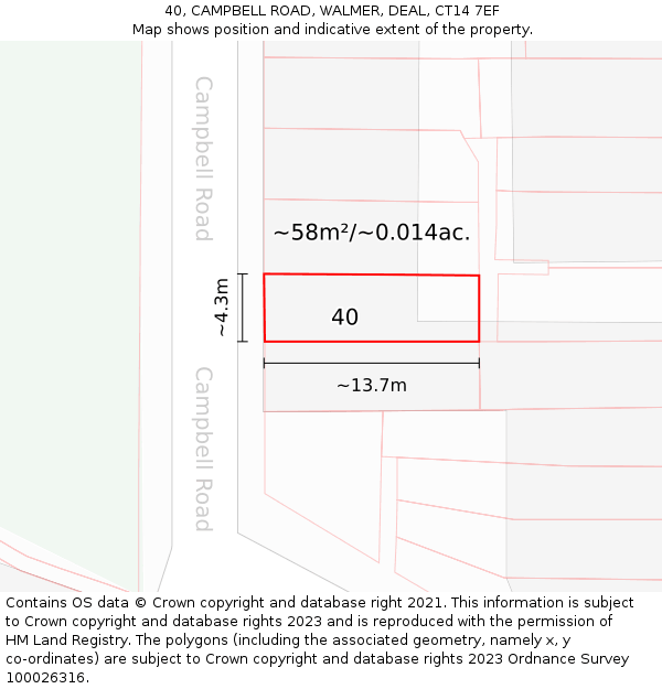 40, CAMPBELL ROAD, WALMER, DEAL, CT14 7EF: Plot and title map