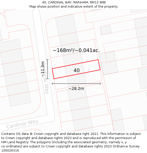 40, CARDINAL WAY, RAINHAM, RM13 9RB: Plot and title map