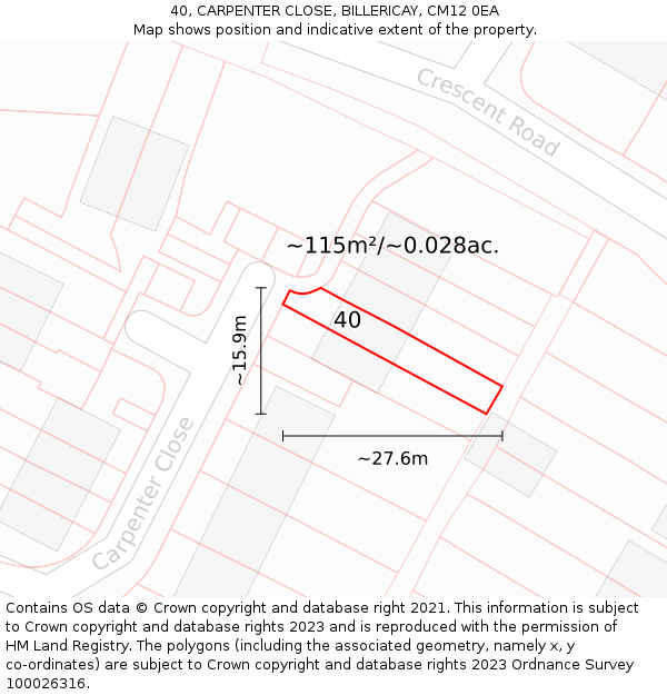 40, CARPENTER CLOSE, BILLERICAY, CM12 0EA: Plot and title map