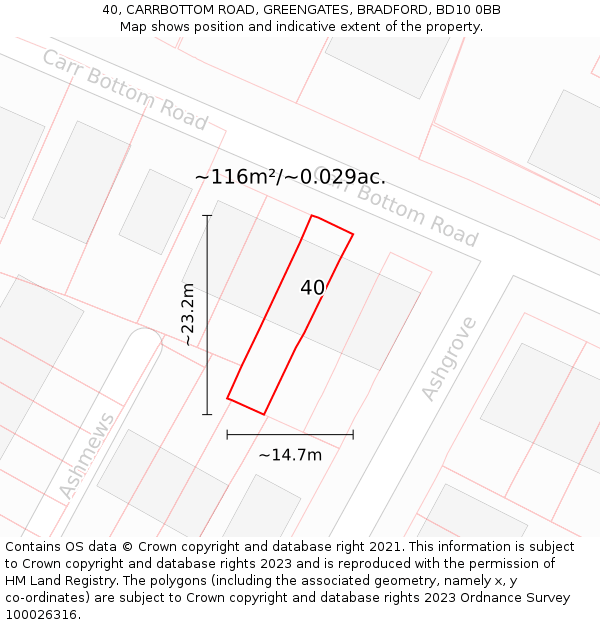 40, CARRBOTTOM ROAD, GREENGATES, BRADFORD, BD10 0BB: Plot and title map