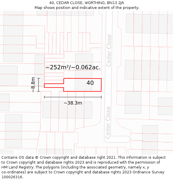 40, CEDAR CLOSE, WORTHING, BN13 2JA: Plot and title map