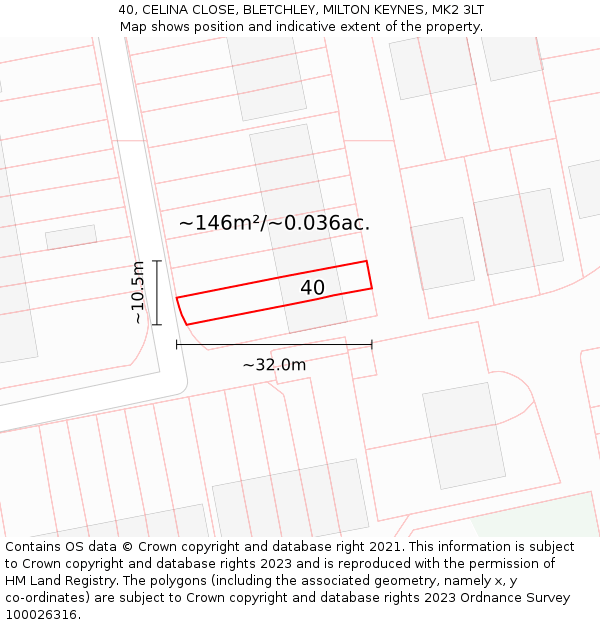 40, CELINA CLOSE, BLETCHLEY, MILTON KEYNES, MK2 3LT: Plot and title map