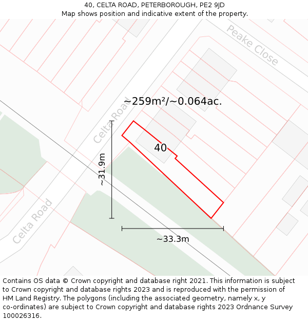 40, CELTA ROAD, PETERBOROUGH, PE2 9JD: Plot and title map