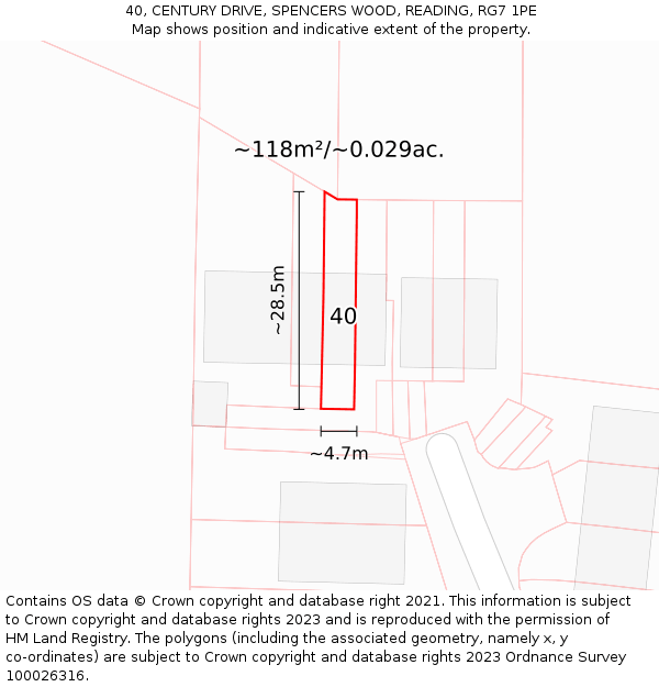 40, CENTURY DRIVE, SPENCERS WOOD, READING, RG7 1PE: Plot and title map