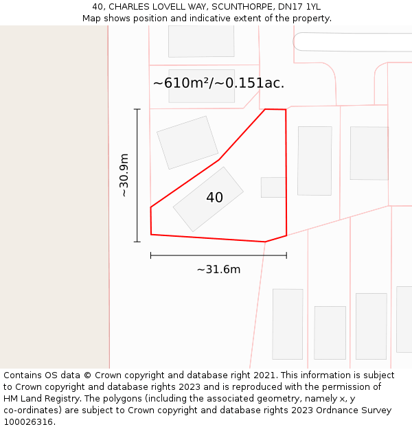 40, CHARLES LOVELL WAY, SCUNTHORPE, DN17 1YL: Plot and title map