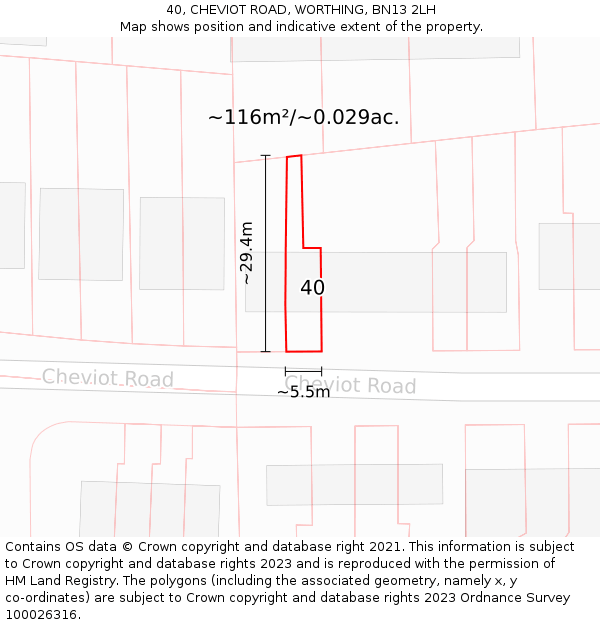 40, CHEVIOT ROAD, WORTHING, BN13 2LH: Plot and title map