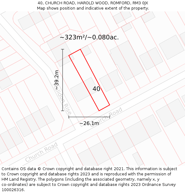 40, CHURCH ROAD, HAROLD WOOD, ROMFORD, RM3 0JX: Plot and title map
