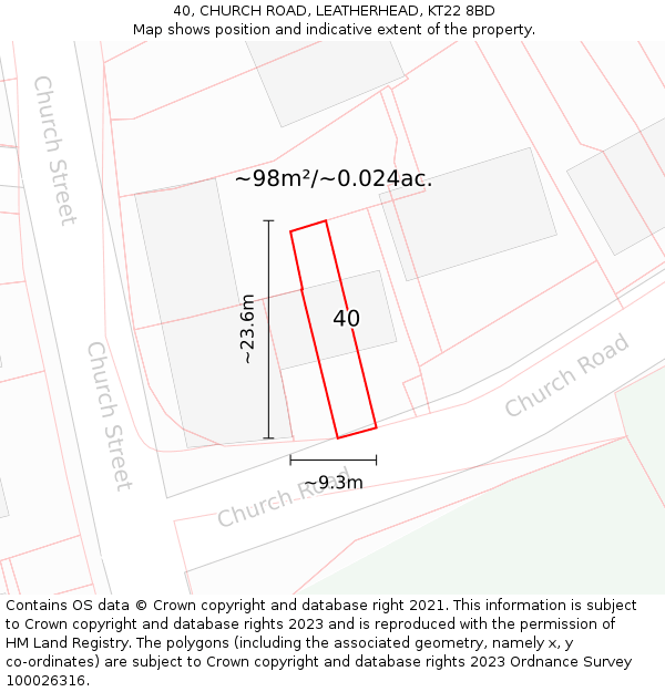 40, CHURCH ROAD, LEATHERHEAD, KT22 8BD: Plot and title map