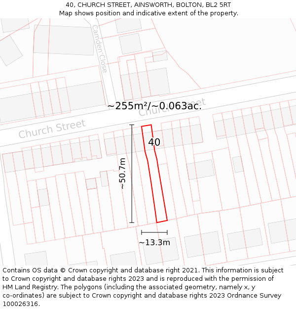 40, CHURCH STREET, AINSWORTH, BOLTON, BL2 5RT: Plot and title map