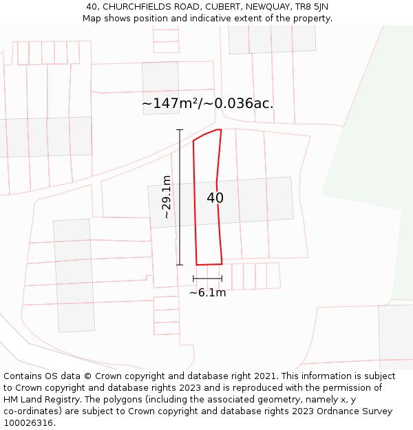 40, CHURCHFIELDS ROAD, CUBERT, NEWQUAY, TR8 5JN: Plot and title map