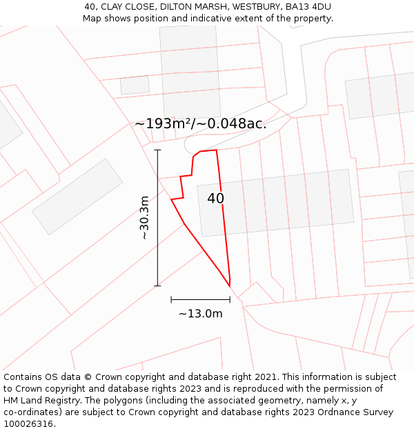 40, CLAY CLOSE, DILTON MARSH, WESTBURY, BA13 4DU: Plot and title map
