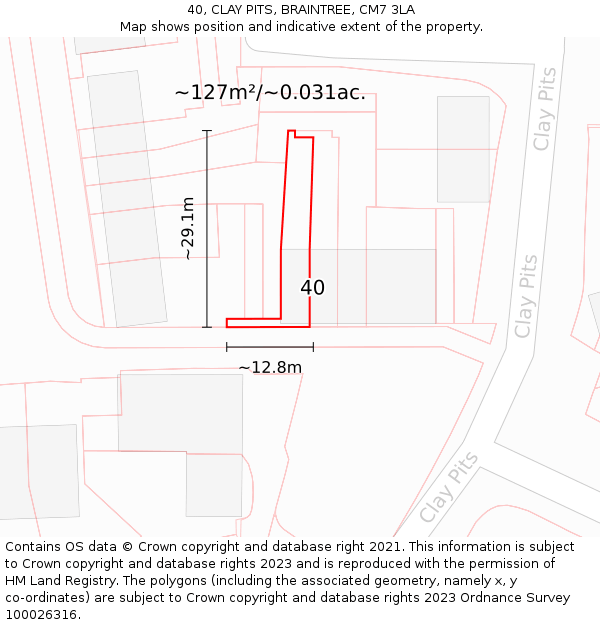40, CLAY PITS, BRAINTREE, CM7 3LA: Plot and title map