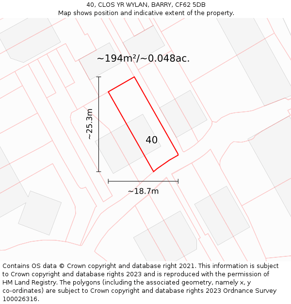 40, CLOS YR WYLAN, BARRY, CF62 5DB: Plot and title map