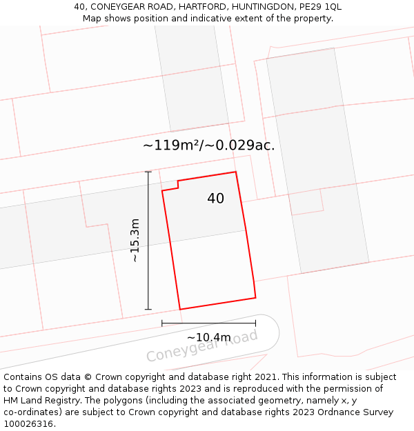 40, CONEYGEAR ROAD, HARTFORD, HUNTINGDON, PE29 1QL: Plot and title map