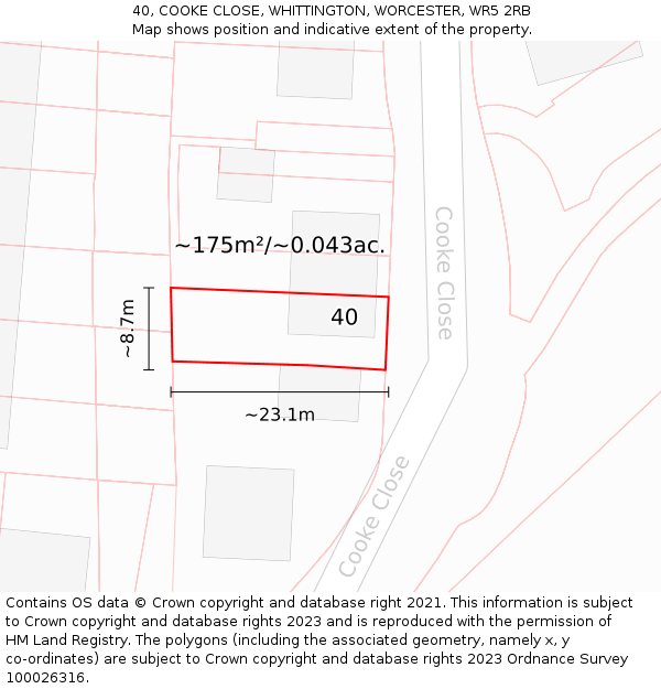 40, COOKE CLOSE, WHITTINGTON, WORCESTER, WR5 2RB: Plot and title map