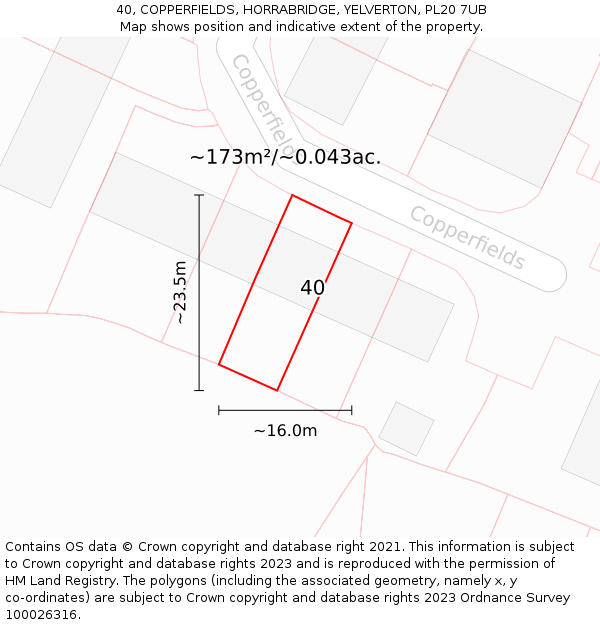 40, COPPERFIELDS, HORRABRIDGE, YELVERTON, PL20 7UB: Plot and title map