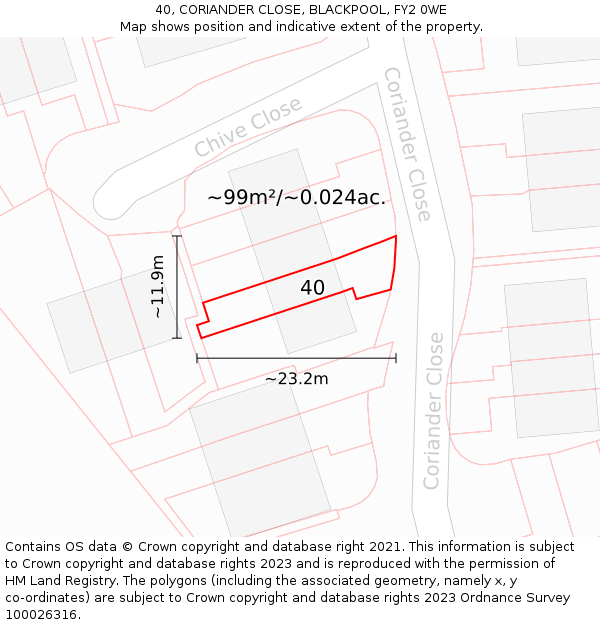 40, CORIANDER CLOSE, BLACKPOOL, FY2 0WE: Plot and title map