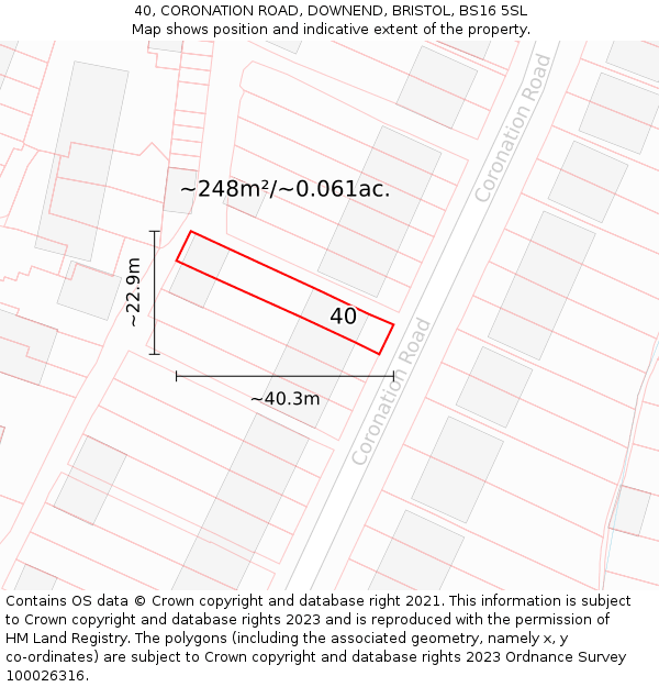 40, CORONATION ROAD, DOWNEND, BRISTOL, BS16 5SL: Plot and title map