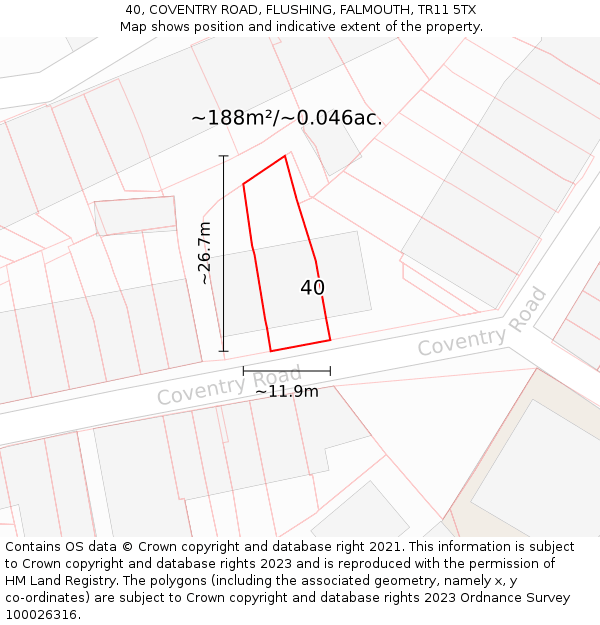 40, COVENTRY ROAD, FLUSHING, FALMOUTH, TR11 5TX: Plot and title map