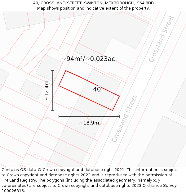 40, CROSSLAND STREET, SWINTON, MEXBOROUGH, S64 8BB: Plot and title map