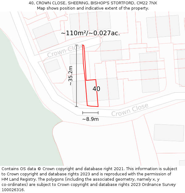 40, CROWN CLOSE, SHEERING, BISHOP'S STORTFORD, CM22 7NX: Plot and title map