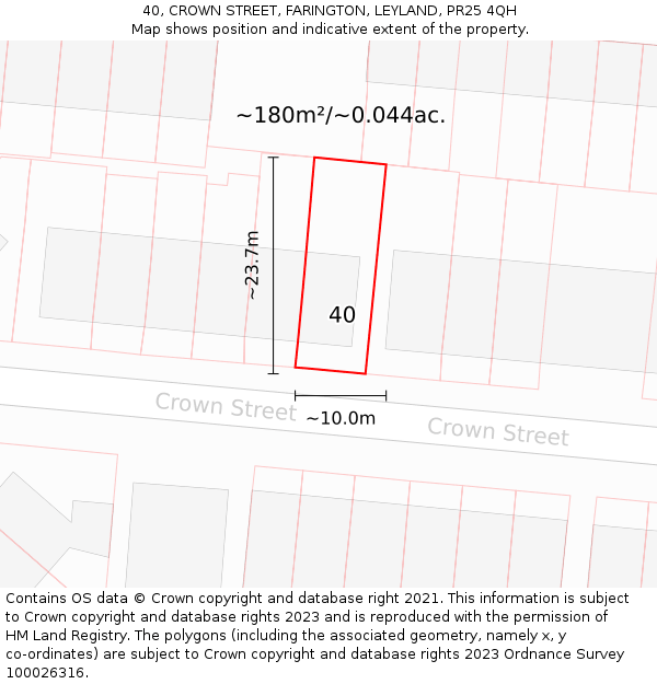 40, CROWN STREET, FARINGTON, LEYLAND, PR25 4QH: Plot and title map