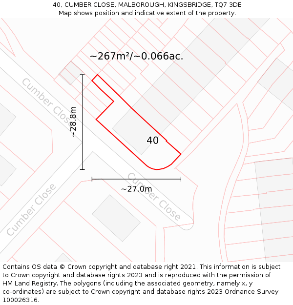 40, CUMBER CLOSE, MALBOROUGH, KINGSBRIDGE, TQ7 3DE: Plot and title map