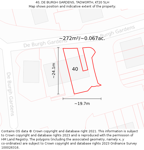40, DE BURGH GARDENS, TADWORTH, KT20 5LH: Plot and title map