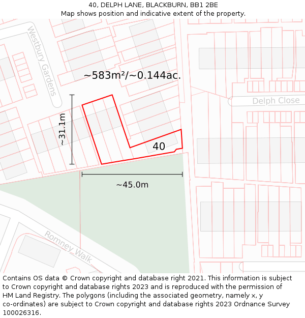 40, DELPH LANE, BLACKBURN, BB1 2BE: Plot and title map